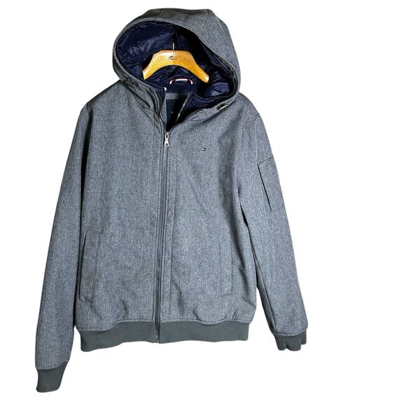 Tommy Hilfiger Hooded Bomber‎ Jacket w/ Bib Mens Large Gray Soft Shell Filled - Picture 1 of 8